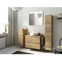Badmöbel-Set NOBILIA Programm 3 BxHxT 160 x 169,1 x 48,7 cm Frontfarbe eiche natur mit Aufsatz-Waschtisch weiß und Spiegel mit LED-Beleuchtung Midischrank Unterschrank Griffleiste chrom matt 414