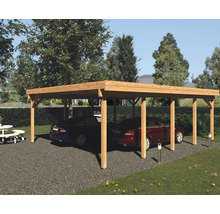 Doppelcarport aus Holz mit zwei geparkten Autos