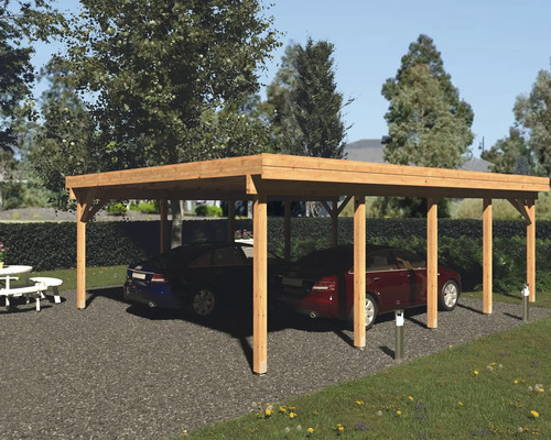 Doppelcarport Palmako Karl 40,6 m² 600 x 762 cm tauchgrundiert braun Doppelcarport aus Holz mit zwei geparkten Autos