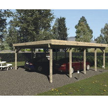 Doppelcarport aus Holz mit zwei geparkten Autos