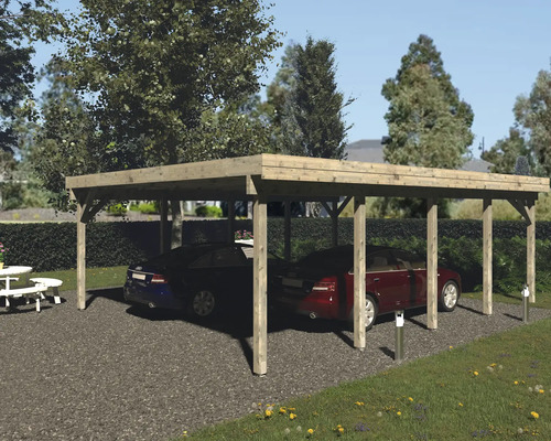 Doppelcarport aus Holz mit zwei geparkten Autos
