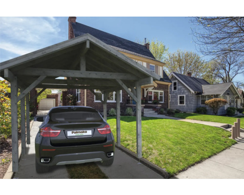 Einzelcarport Palmako Robert 11,7 m² 360x510 cm tauchgrundiert grau Ein Holz Carport mit einem Auto darunter vor Häusern.