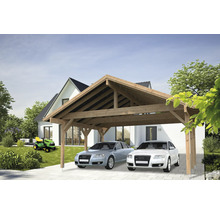 Doppelcarport aus Holz mit zwei Autos und Rasentraktor im Garten