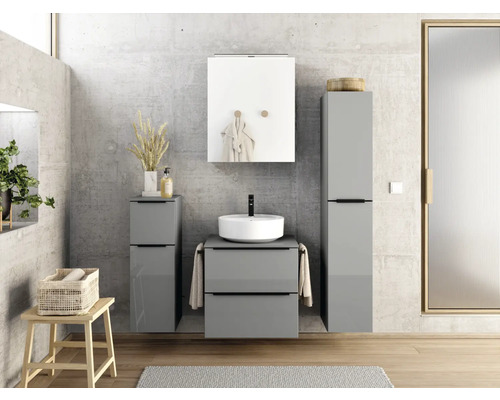 Modernes Badezimmer mit Waschtisch, Spiegelschrank und Hochschrank in Grau