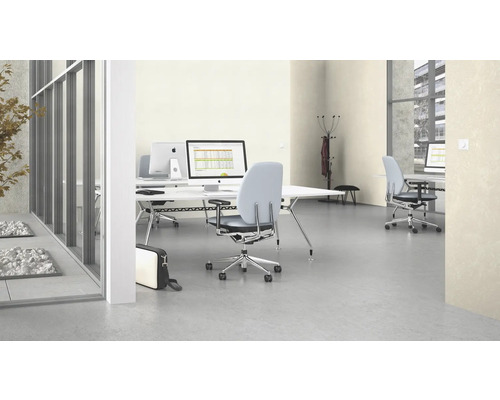 Büro mit Schreibtischen, Bürostühlen und Computern in einem modernen Arbeitsbereich.