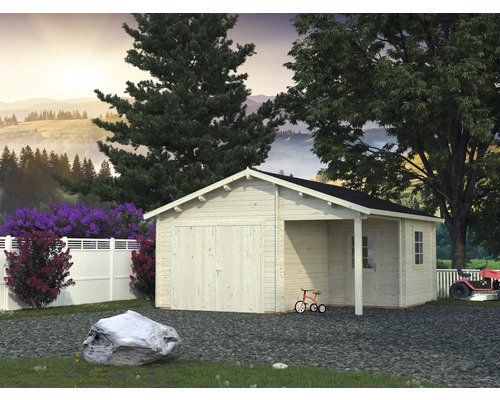 Gartenhaus mit Garagentor und kleinem Vordach im Garten