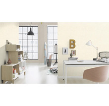 Helles Arbeitszimmer mit Schreibtisch, Stuhl, Regal und Dekorationsgegenständen
