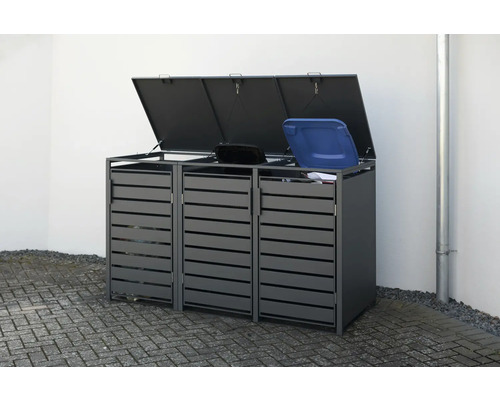 Mülltonnenbox WESTMANN Kubus 3 200 x 80 x 116 cm anthrazit Abfallbox mit drei Fächern und geöffnetem Deckel für Mülltonnen
