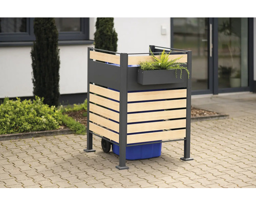 Mülltonnenbox mit Pflanzkasten und Holzverkleidung zur Abdeckung von Mülltonnen im Außenbereich