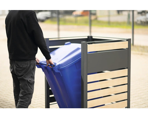 Mülltonnenbox mit Person, die eine blaue Mülltonne hineinstellt