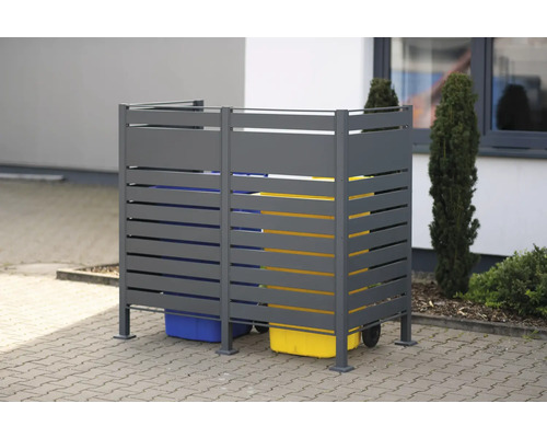 Mülltonnenbox aus Aluminium mit zwei Mülltonnen