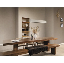 Esszimmer mit Holztisch, Bank und Stühlen in heller Raumgestaltung