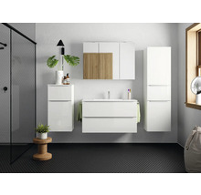 Modernes Badezimmer mit Waschbeckenunterschrank, Spiegelschrank, Hochschrank und Dusche