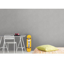 Graue Wandgestaltung im Jugendzimmer mit Schreibtisch, Stuhl und Skateboard