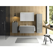 Modernes Badezimmer mit grauen und weißen Badmöbeln, Dusche und Holzverkleidung
