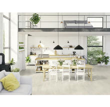 Helles Wohnzimmer mit Küche, Essbereich und Schlafbereich auf der Galerie.