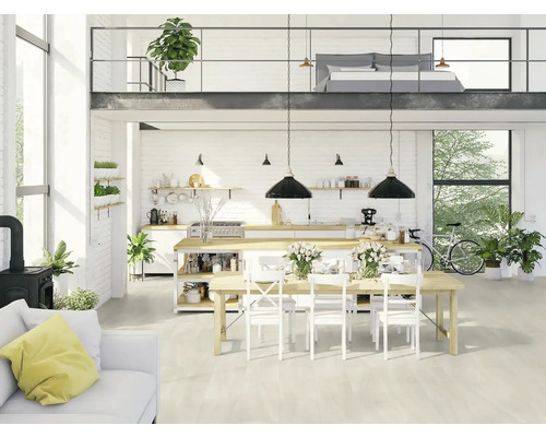 Helles Wohnzimmer mit Küche, Essbereich und Schlafbereich auf der Galerie.