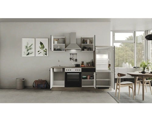 Komplette Küchenzeile mit Spüle, Herd, Backofen, Dunstabzugshaube, Hängeschränken und Kühlschrank in einer hellen Küche.