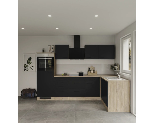 Flex Well Winkelküche mit Geräten Capri 280 cm Frontfarbe schwarz matt Korpusfarbe wildeiche zerlegt
