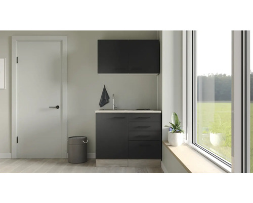 Flex Well Miniküche mit Geräten Capri 100 cm Frontfarbe schwarz matt Korpusfarbe wildeiche zerlegt