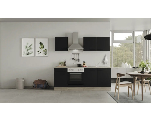 Flex Well Küchenzeile mit Geräten Capri 210 cm Frontfarbe schwarz matt Korpusfarbe wildeiche zerlegt