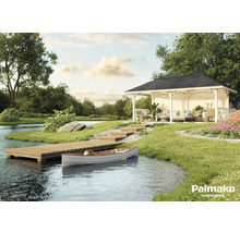 Holzpavillon mit Terrasse am See, Ruderboot am Steg und Palmakko Logo