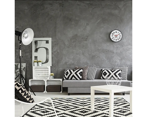 Wohnzimmer mit Sofa, Tisch, Teppich und Dekoration in Schwarz, Weiß und Grau