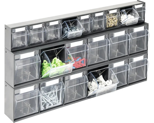 Werkstattregal mit durchsichtigen Schubladen zur Aufbewahrung von Kleinteilen