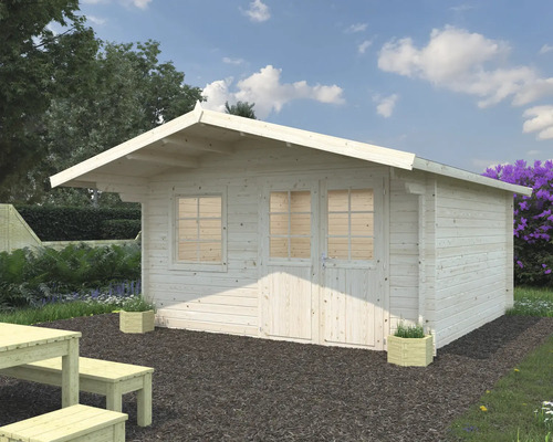 Gartenhaus Palmako Britta 14,6 m² 454 x 540 cm Tauchgrundiert Gartenhaus mit Fenster und Doppeltür im Garten.