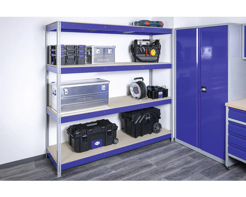 Regalsystem mit Werkzeugkisten und Werkstattschrank im Werkraum.