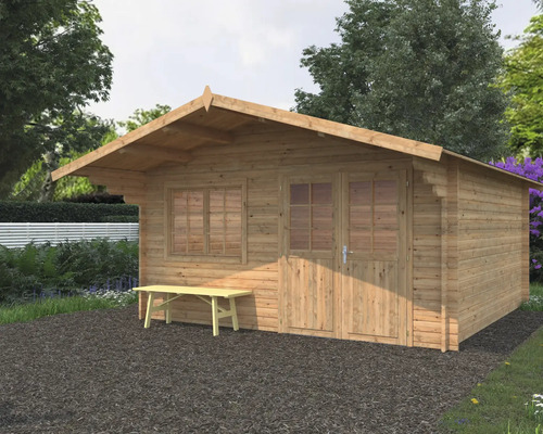 Gartenhaus Palmako Britta 17,5 m² 488 x 580 cm Tauchgrundiert braun Holzgartenhaus mit Fenster und Tür sowie Sitzbank