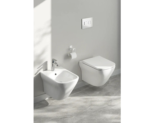 Wandbidet mit Wasserhahn und Wandtoilette mit Toilettenpapierhalter und Spültaste an der Wand