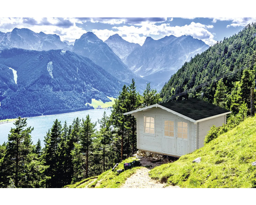 Gartenhaus Palmako Emma 10,4 m² inkl. Fußboden 426 x 380 cm natur Gartenhaus aus Holz vor Berglandschaft