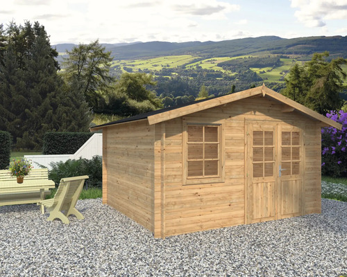 Gartenhaus Palmako Klara 10,4 m² 424 x 350 cm Tauchgrundiert braun Gartenhaus aus Holz mit Fenster und Doppeltür neben Sitzgruppe