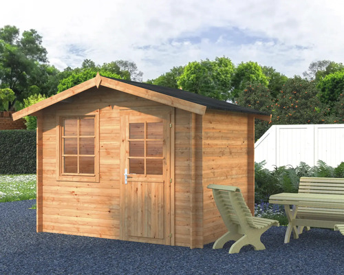 Gartenhaus Palmako Klara 4,7 m² 335 x 234 cm Tauchgrundiert braun Holzgartenhaus mit Fenster und Tür neben Tisch und Stühlen