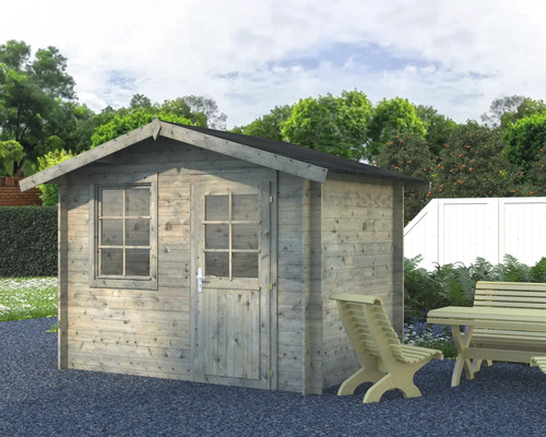 Gartenhaus Palmako Klara 4,7 m² 335 x 234 cm Tauchgrundiert grau Holzgartenhaus mit Fenster und Tür neben Sitzgruppe im Garten