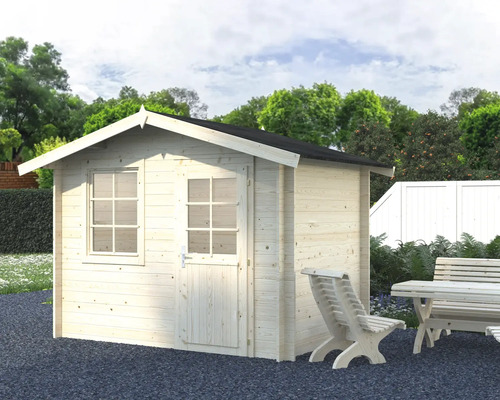 Gartenhaus Palmako Klara 4,7 m² 335 x 234 cm Tauchgrundiert Garten Szene mit Holzgartenhaus, Tisch und Bankgruppe