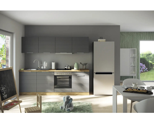 Held Möbel Küchenzeile mit Geräten Florenz 240 cm Frontfarbe grau matt Korpusfarbe eiche hell zerlegt
