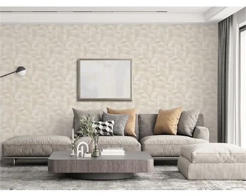 Wohnzimmer mit Couch, Tisch und dreidimensionaler Tapete