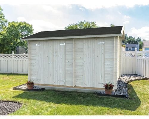 Gerätehaus Palmako Jari 8,9 m² inkl. Fußboden 440 x 286 cm natur Gartenschuppen aus Holz mit dunklem Dach im Garten