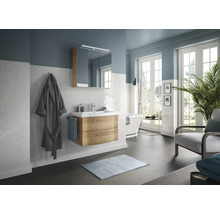 Badmöbel-Set Pelipal Sunline 114 BxHxT 82 x 200 x 46 cm Frontfarbe eiche riviera Badmöbelset 3-teilig mit Waschtisch Keramik weiß und Waschtischunterschrank Spiegelschrank mit LED-Beleuchtung