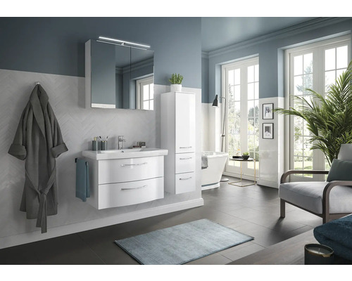 Badmöbel-Set Pelipal Sunline 114 BxHxT 112 x 200 x 46 cm Frontfarbe weiß hochglanz Badmöbelset 4-teilig mit Waschtisch Keramik weiß und Waschtischunterschrank Spiegelschrank mit LED-Beleuchtung Wandschrank