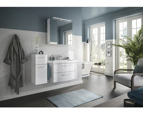 Badmöbel-Set Pelipal Sunline 114 BxHxT 112 x 200 x 46 cm Frontfarbe weiß hochglanz Badmöbelset 4-teilig mit Waschtisch Keramik weiß und Waschtischunterschrank Spiegelschrank mit LED-Beleuchtung Unterschrank