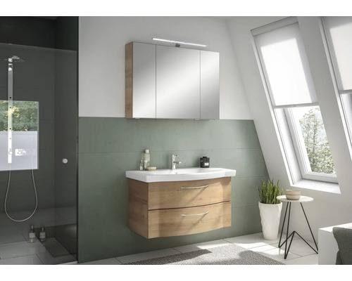 Badezimmer mit Waschtischunterschrank, Spiegelschrank und Dusche