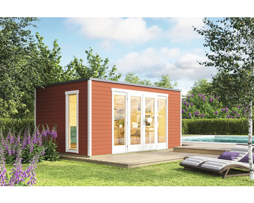 Gartenhaus Outdoor Life Palermo 2 inkl. Fußboden 450 x 302,5 cm schwedenrot Modernes Gartenhaus aus Holz mit Terrasse im Garten
