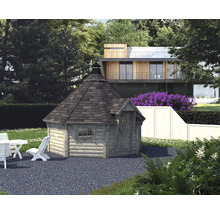 Holz Kota Grillhaus mit Gartenmöbeln in einem Garten