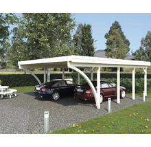 Doppelcarport aus Holz mit zwei parkenden Autos