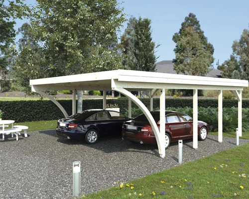 Doppelcarport aus Holz mit zwei parkenden Autos