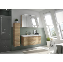 Modernes Badezimmer mit Waschtisch, Spiegelschrank, Hochschrank und Dusche