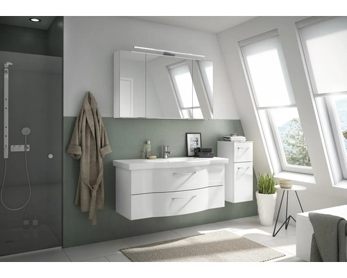 Badmöbel-Set Pelipal Sunline 114 BxHxT 152 x 200 x 51,5 cm Frontfarbe weiß hochglanz Badmöbelset 4-teilig mit Waschtisch Keramik weiß und Waschtischunterschrank Spiegelschrank mit LED-Beleuchtung Unterschrank